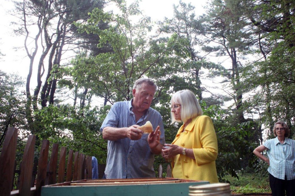 Richard Cogan and Judi Bosworth hold a piece of a honeycomb at Clark Botanic Garden.