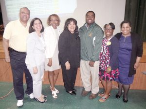 Board of Education Vice President Dr. Pless M. Dickerson, Superintendent of Schools Mary A. Lagnado, Trustee Laura L. Pierce, Trustee Karin B. Campbell, Board of Education President Rodney Caines, Trustee Robin L. Garrison Bolling, and Trustee Leslie F. Davis.