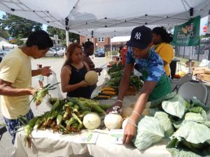 Youth workers help customers peruse through produce offerings during opening day of the farmers market.