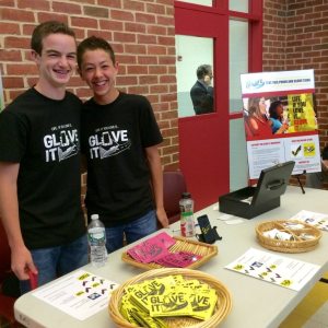 Ethan Lipetz, right, and his friend, Josh Bloom, at Roslyn Middle School Glove It sale at Back To School Night.