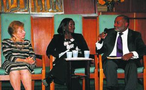 From left: Holocaust Survivor Anita Weisbord, Rwandan Genocide Survivor Jacqueline Murekatete and Member of The Hague Institute for Global Justice’s Commission on Global Security, Justice and Governance, Rachid Murad, were part of a panel discussion, Confronting Genocide: How to Be an Upstander Against Evil.