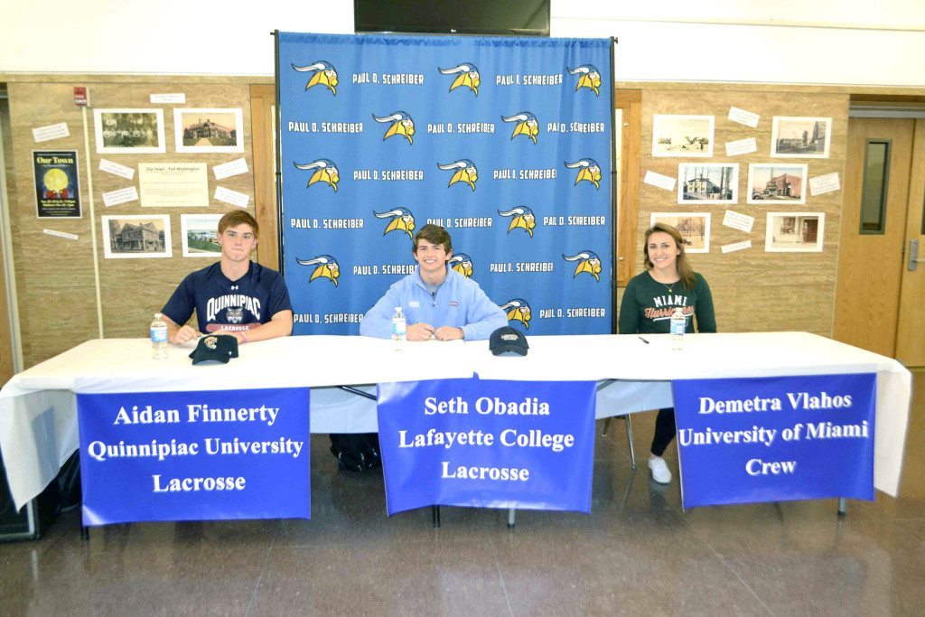 Student-athletes Aidan Finnerty, Seth Obadia and Demetra Vlahos sign National Letters of Intent to continue their athletic careers on the collegiate level. (Photo Courtesy of Port Washington School District)