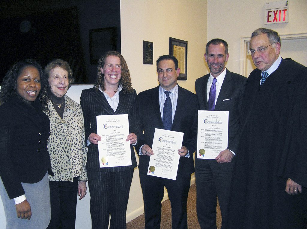 Councilwoman Viviana Russel, Honorable Marie G. Santagata, Erica Dubno, Martin Tankleff, St. John’s Law School Dean Michael Simons and Village Justice Thomas Liotti.