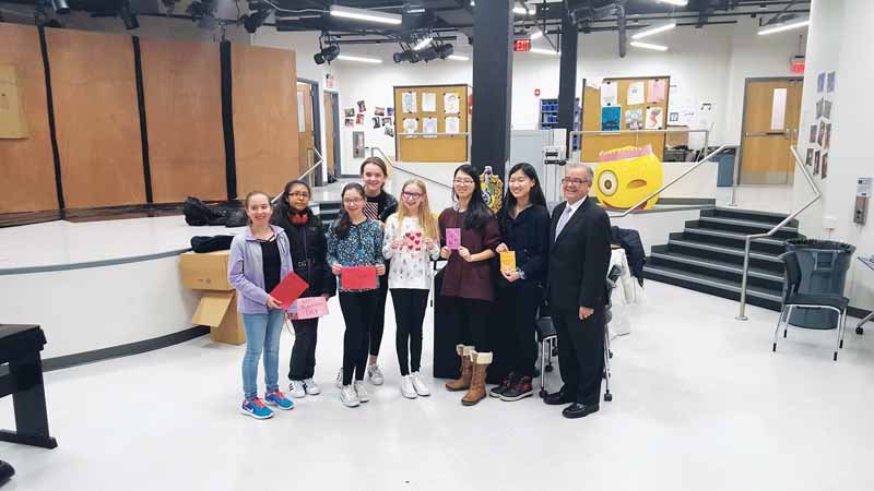 Levels teens make Valentines for Veterans (from left): Sabrina Niceforo, Abigail Garcia, Gabriella Niceforo, Sara Fiala, Jamie Fleshel, Emily Hu, Cindy Hu and Assemblyman Anthony D’Urso.