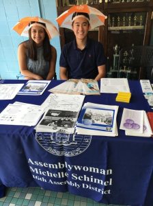 Interns from Assemblywoman Michelle Schimel's office, Jillian Horowitz from Great Neck and Todd Qiu from Manhasset, brought the Skin-telligence program to Manorhaven Pool to share the importance of skin care and handed out pamphlets, sunscreen samples, lip balms, UV detecting key chains, skin-care crosswords, coloring pages and word searches.  