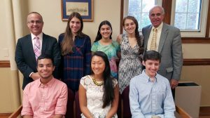 Pictured here are Matthew Alonso, Nicole Chee, Brooke DiGia, Alyssa Sanders, Alexander Schwartz and Jenna Tisher with Principal Dr. Dean Schlanger and Superintendent Charles Cardillo