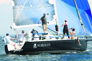 Start of Div. I at the 2015 PWYC Charity Cup Regatta. From left: Morning Glory, Dr. Carl Olsson, Leverage, Arthur H. Buhr, III, PWYC, and Avalanche, Al and Craig Albrecht, PWYC.