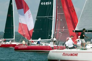 Start of Div. I at the 2015 PWYC Charity Cup Regatta. L to R: Morning Glory, Dr. Carl Olsson, Leverage, Arthur H. Buhr, III, PWYC, and Avalanche, Al and Craig Albrecht, PWYC.