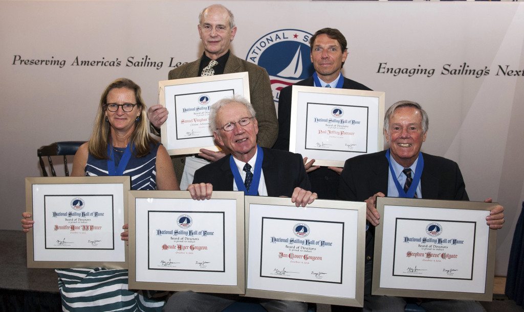 The 2015 Nationals Sailing Hall of Fame Inductees. Top to bottom, from left: Gregory Merrick, who accepted the posthumous Lifetime Achievement Award for his father Sam Merrick; Paul Foerster; JJ Fetter; Meade Gougeon, who accepted on behalf of his late brother Jan Gougeon as well; and Steve Colgate. (Photo by Thérèse Wagner)