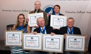 The 2015 Nationals Sailing Hall of Fame Inductees. Top to bottom, from left: Gregory Merrick, who accepted the posthumous Lifetime Achievement Award for his father Sam Merrick; Paul Foerster; JJ Fetter; Meade Gougeon, who accepted on behalf of his late brother Jan Gougeon as well; and Steve Colgate. (Photo by Thérèse Wagner) 
