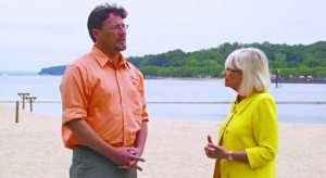 A scene from Off the Trail, Ranger Eric Powers and Supervisor Judi Bosworth talk about horseshoe crabs.