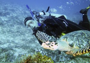 Paul Mila swimming with a hawksbill turtle in Cozumel, Mexico. (Photo by Alison Dennis)