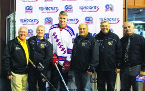 From left: Hockey Director Dan Marsella, Commissioner Frank S. Cilluffo, NY Ranger Mark Janssens, Commissioners Robert A. Lincoln, Jr., and Daniel M. Nachmanoff, and Park District Superintendent Peter Renick 