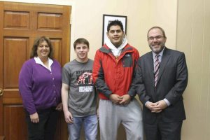 Sam Goldman and Elmer Mendez with District Director of Athletics Stephanie Joannon and Schreiber High School Principal Ira Pernick