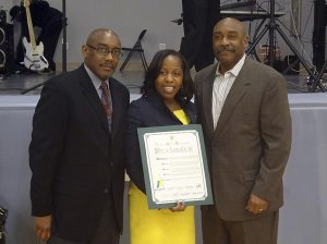 Councilwoman Viviana Russell with Kenneth and Keith Little, sons of the late Mildred Little of Westbury