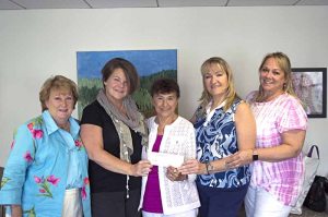CancerCare Headquarter’s Trish Goldsmith and Sandra Tropoldi accept a donation check from Port/Manhasset Chapter’s Barbara Faticone, Suzette Franklin and Susan Bishop.