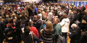 It was standing room only in the St. Brigid’s auditorium as locals gathered to find out more about the VLTs poised to come to the Fortunoff’s (Photo by Ray Muntz)