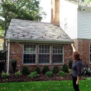 Carol Navratil points to the roof of her family room that had to be replaced when a neighbor's tree fell on it.