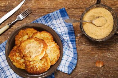 Homemade potato pancakes with brown sugar from cane.