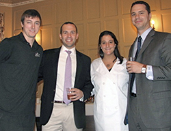 Bartender Chris Durand, Gabe Haim of OB Brewery; Alexa Nardiello, wait staff, and Ryan Schlotter of OB Brewery. oysterbay 2013 11 22 OBChamberf