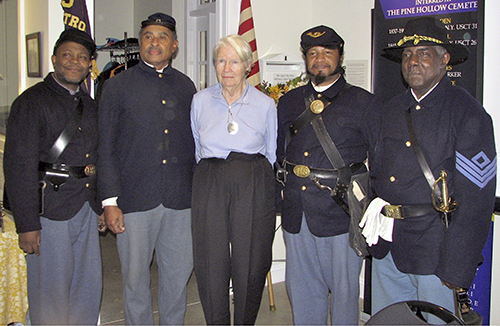 USCT re-enactors: Daniel Ulysse, Leon Vaughan, with panelists Elizabeth Roosevelt and Ludger K. Ballon and re-enactor Derek James. (Photos by Dagmar Fors Karppi) oysterbay 2014 01 24 USCTpanelA
