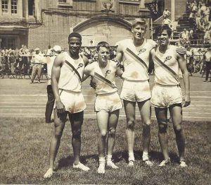 The Penn Relays held at Franklin Field in Philadelphia, April 28-29, 1962. From left: Jim Thorpe, Bill Piggott, Ken Howard and Paddy McCrary