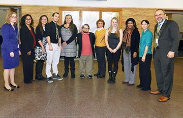 Enjoying the Intel accomplishment are (l. to r.) Dr. Kathleen Mooney, superintendent of schools; Julie Torres, assistant principal, Class of 2014; Nori Cerny, guidance counselor; Simon Shapiro, Intel semifinalist; TinaMarie Gallagher, math research teacher; Harry Paul, Intel semifinalist; Marla Ezratty, science research teacher; Dillon Drukker, Intel semifinalist; Elizabeth Dragos, social science research teacher; Jessica Ludwig, Schreiber guidance counselor; and Principal Ira S. Pernick. (Photo by Ruth Smith)