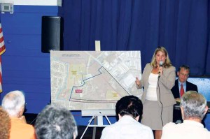 Councilwoman Rebecca Alesia leads a public forum regarding Old Bethpage land. (Photo by Steve Mosco)