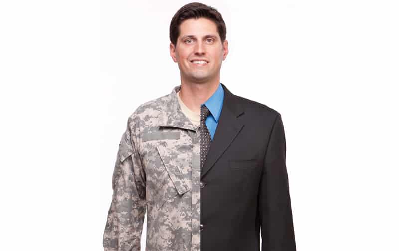 young man with split careers businessman and soldier