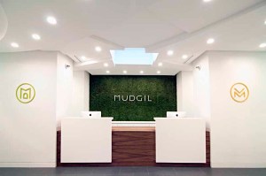 This view of the lobby and reception area also shows the logos for the respective practices. This is the common waiting area for both the dentistry and dermatology zones. (Photo by Harriet Andronikides)