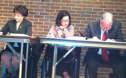 TVASNAC Committee members Floral Park Village Trustee Mary-Grace Tomecki; Cristina O’Keefe of Stewart Manor; and Garden City Village Trustee Lawrence Quinn discuss the increasing aircraft noise problem in Nassau County. floralpark 2012 03 tvasnac 2 fp 3 2 2012