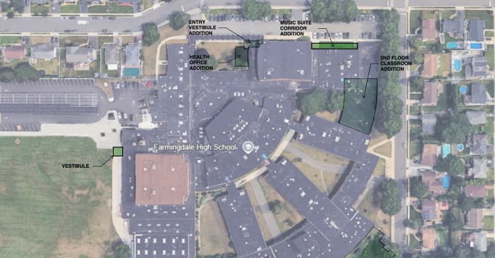 Ariel view of Farmingdale High School with the proposed improvements.