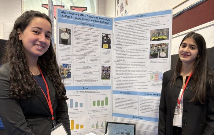 At the Kathy Belton Science Fair, Manhasset High School tenth graders Krisha Wadhwa (left) and Belen Vazquez (right) won second place for their project “The Energy Production of Chlorella treated with Ammonium Sulfate Contaminated Water through a Microbial Fuel Cell.”