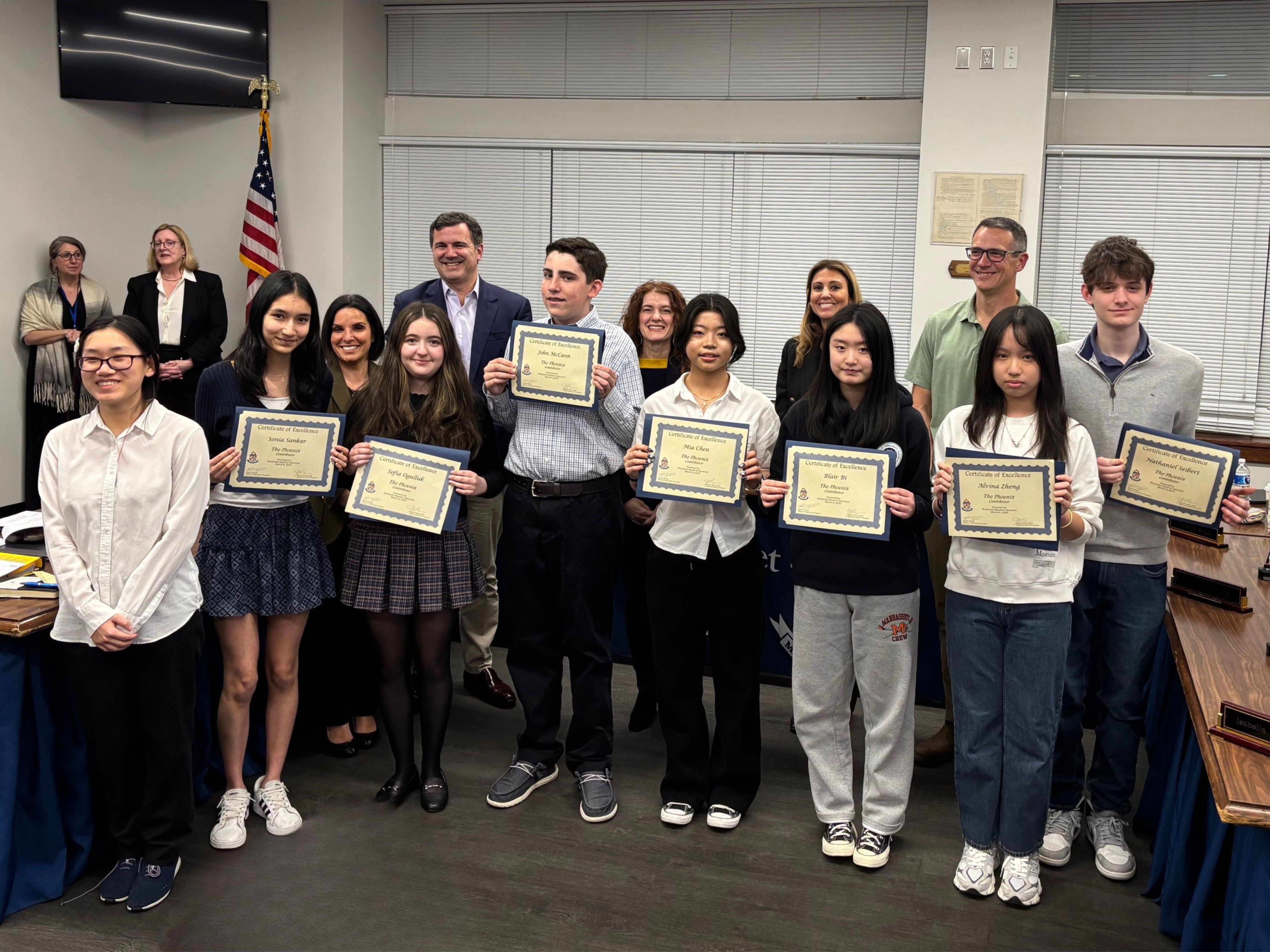 Contributors to the award-winning 2024 issue of “The Phoenix,” Manhasset Secondary School’s literary magazine, were recognized by the board of education at the meeting on March 6