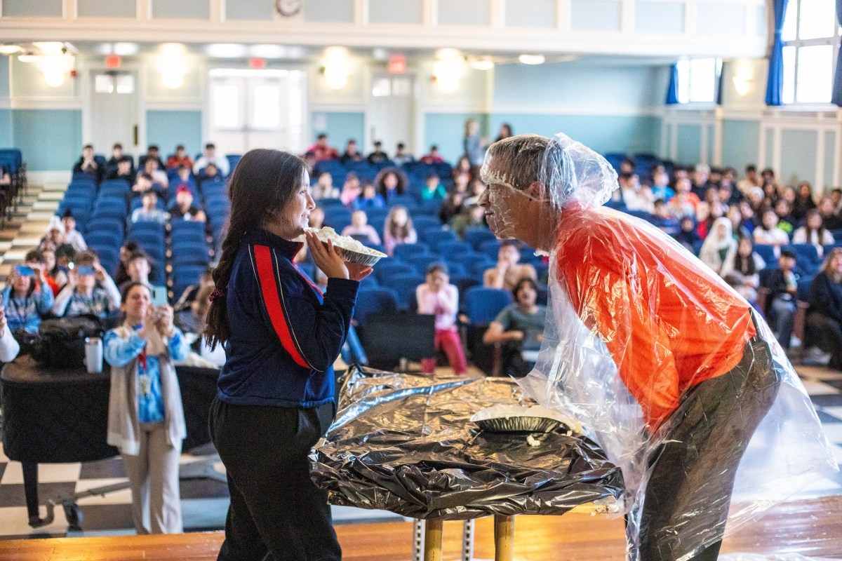 Hicksville Middle School Assistant Principal Jonathan Silkowitz took a pie in the face during pi week.
