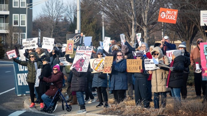 Hundreds of anti-Elon Musk protestors gather with signs and chants outside Westbury's Tesla dealership.