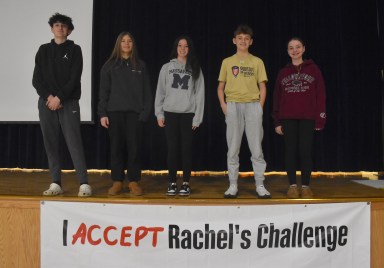 Jack Leavy, Shannon O’Leary, Shea Mangan, Charlie Celona and Kayla Vessalico (L to R) were among a group of student leaders who attended a Rachel’s Challenge workshop in the Massapequa School District