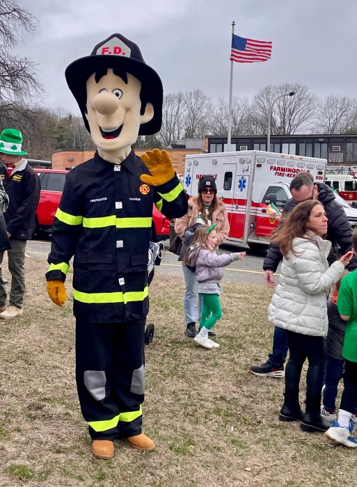 Fire Department mascot at the Farmingdale St. Patrick's Day Parade on March 16