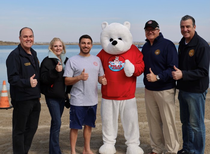 Town of Oyster Bay officials at the Polar Plunge at Tobay Beach on Saturday, March 29