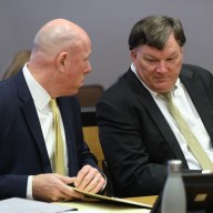 Suspected Long Island serial killer Rex Heuermann, right, with his attorney Michael Brown, inside Judge Tim Mazzei’s Suffolk County courtroom.