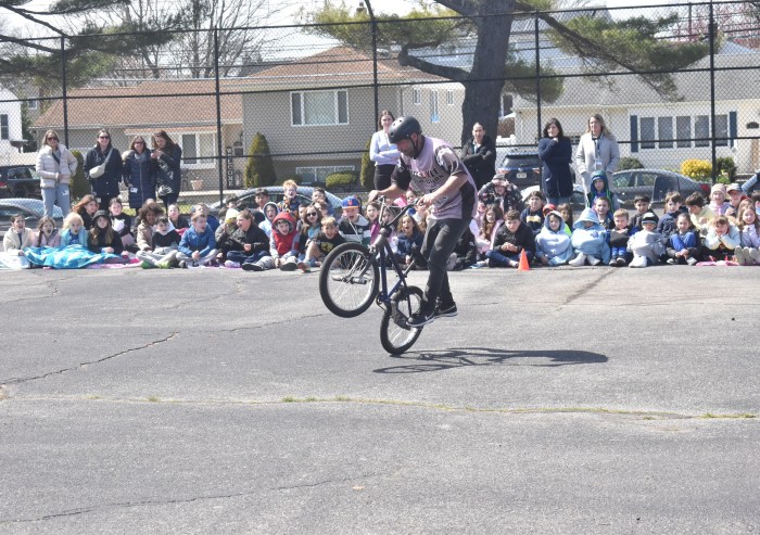 Professionals from the Free Style Connection’s BMX Stunt Tour entertained students while also teaching them about bike safety