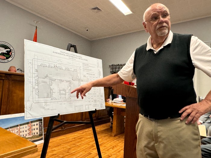 Representatives for Red Rock Homes LLC, the owners of a proposed development at 30 Sagamore Hill Drive including John Schimenti said the 49-unit building would contribute positively to Manorhaven.