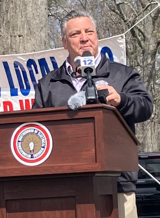 Local 1049 Business Manager Pat Guidice speaking at a rally against National Grid