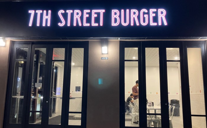 7th Street Burger storefront with red LED letters.