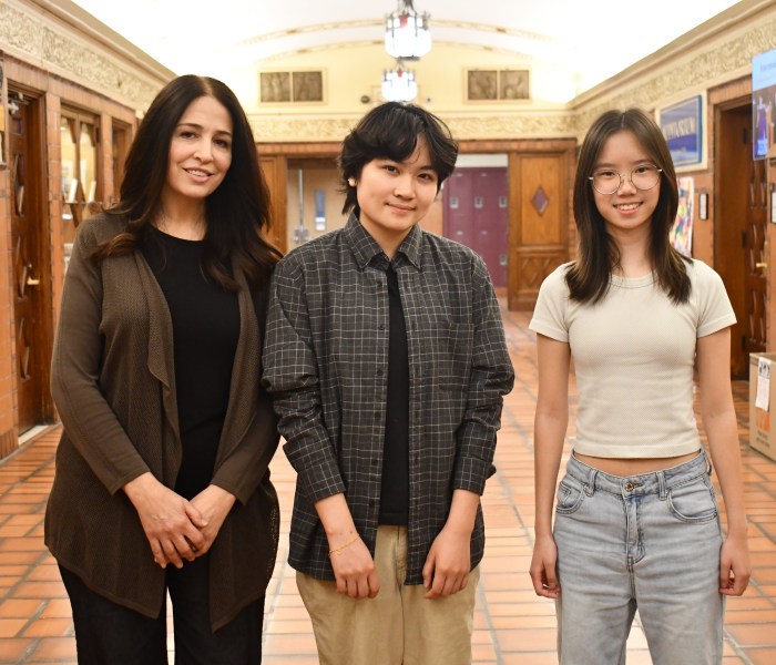 Manhasset High School art students Leo Chan (center) and Hang Mi (right) have been selected for the “Long Island’s Best Art” exhibition at Hecksher Museum of Art.