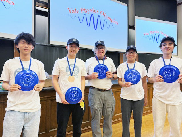 From left to right, Great Neck North High's Aiden Jin, Nathan Zhong, advisor Alan Schorn, Serena Chen, and Julian Elihu.