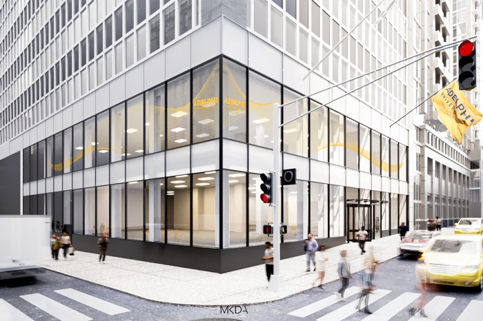 A rendering of Adelphi's next building sitting on a street corner.