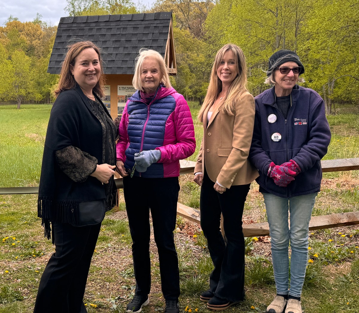 (L-R) Executive Director of the Nassau County Museum of Art Beth Horn, joined with the museum's conservation project coordinator Jean Henning, Roslyn Harbor Mayor Sandy Quentzel, and Peggy Maslow of the North Shore Audubon Society unveiled a 10-acre grassland restoration project with a ribbon-cutting ceremony on April 27.