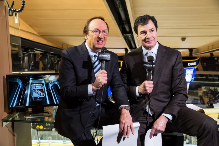 Longtime New York Rangers announcer Sam Rosen, left, pictured with partner Joe Micheletti, is set to retire at the end of this hockey season.