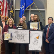 Beautification Commission Chairwoman Lora Cusumano, Mayor Pam Panzenbeck, Giorgina Rose Dondero, Nahla Loret Gomez, Daniel Viera and Lawrence M. Nadel (Front, L. to R.) at the Tuesday, April 8 Glen Cove City Council meeting